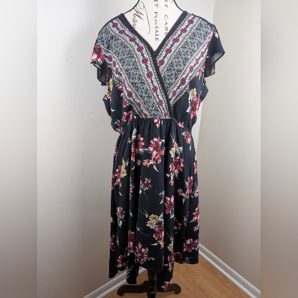 Xhiliration Vneck Asymmetrical Floral Boho Handkerchief Sun Midi Dress XL Ornate